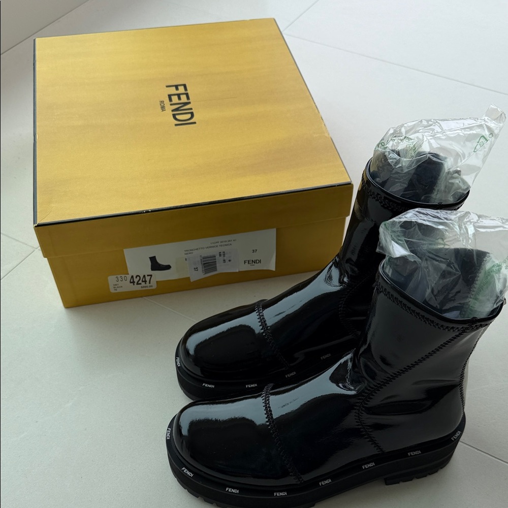 Fendi Black Patent Leather Platform Ankle Boots